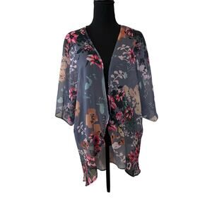 Floral Sheer Kimono Cardigan Gray Boho Large